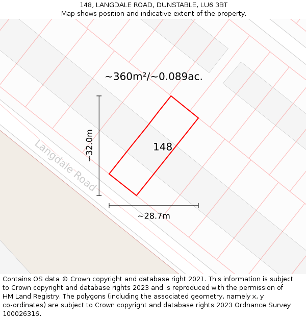 148, LANGDALE ROAD, DUNSTABLE, LU6 3BT: Plot and title map