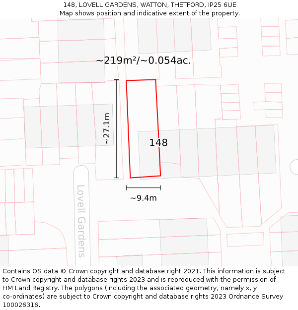 148, LOVELL GARDENS, WATTON, THETFORD, IP25 6UE: Plot and title map