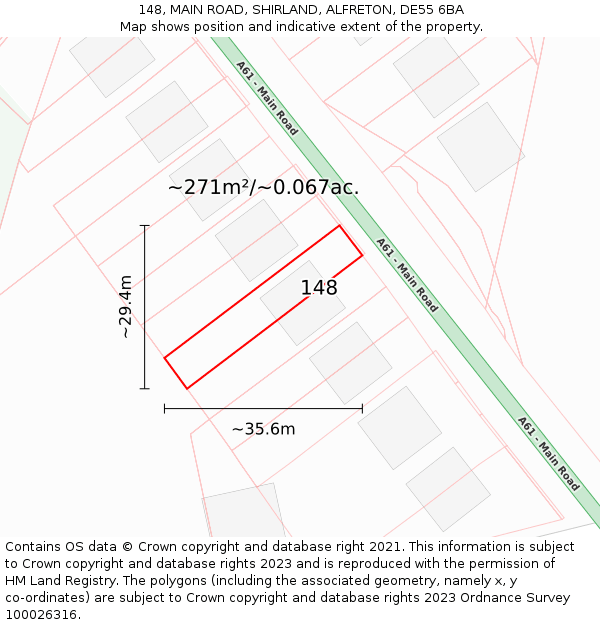 148, MAIN ROAD, SHIRLAND, ALFRETON, DE55 6BA: Plot and title map