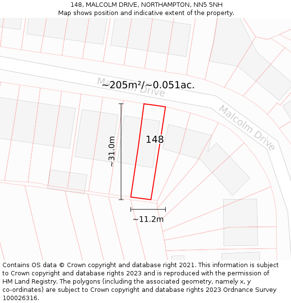 148, MALCOLM DRIVE, NORTHAMPTON, NN5 5NH: Plot and title map