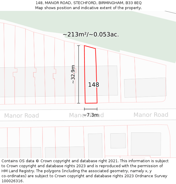 148, MANOR ROAD, STECHFORD, BIRMINGHAM, B33 8EQ: Plot and title map