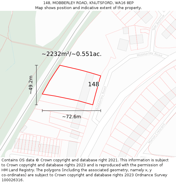 148, MOBBERLEY ROAD, KNUTSFORD, WA16 8EP: Plot and title map