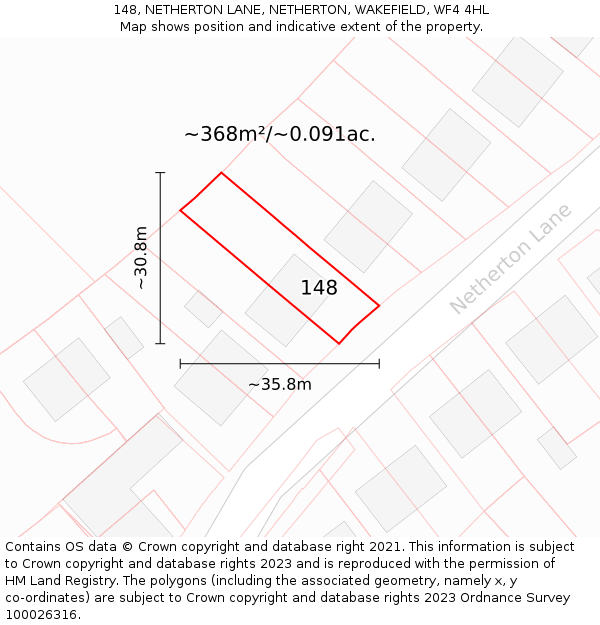 148, NETHERTON LANE, NETHERTON, WAKEFIELD, WF4 4HL: Plot and title map