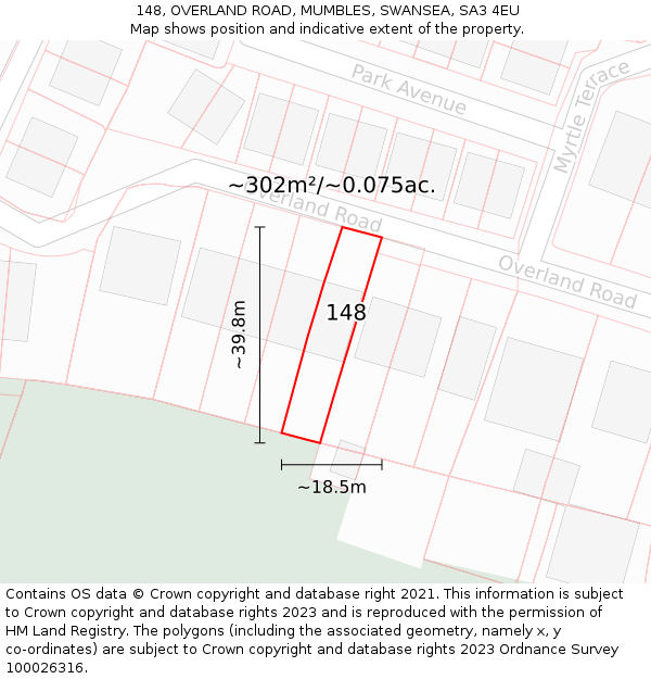 148, OVERLAND ROAD, MUMBLES, SWANSEA, SA3 4EU: Plot and title map