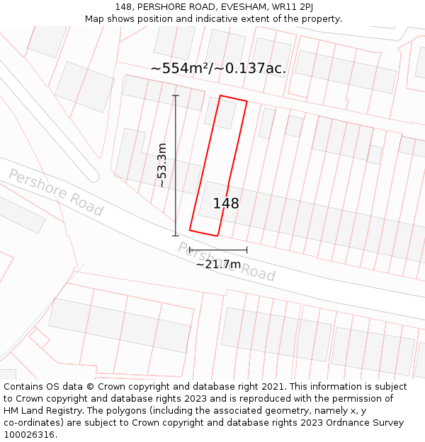 148, PERSHORE ROAD, EVESHAM, WR11 2PJ: Plot and title map