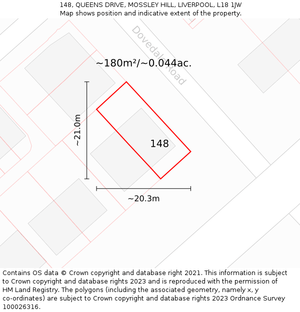 148, QUEENS DRIVE, MOSSLEY HILL, LIVERPOOL, L18 1JW: Plot and title map