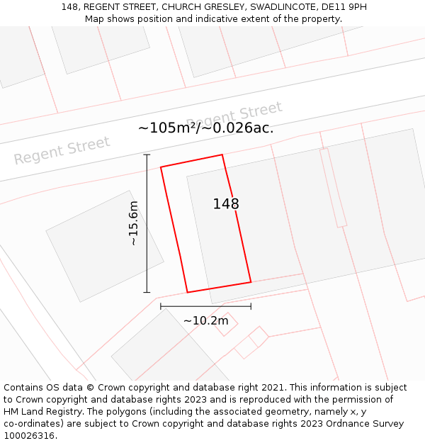 148, REGENT STREET, CHURCH GRESLEY, SWADLINCOTE, DE11 9PH: Plot and title map