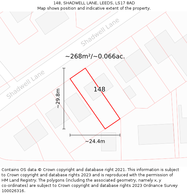 148, SHADWELL LANE, LEEDS, LS17 8AD: Plot and title map