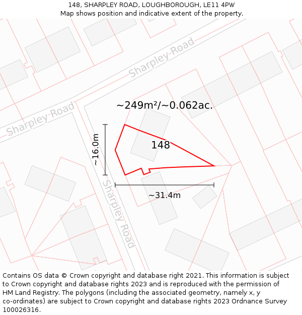 148, SHARPLEY ROAD, LOUGHBOROUGH, LE11 4PW: Plot and title map