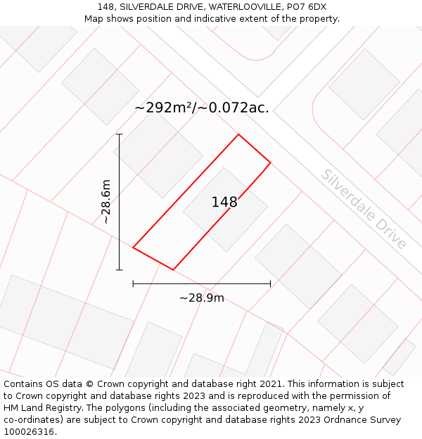 148, SILVERDALE DRIVE, WATERLOOVILLE, PO7 6DX: Plot and title map