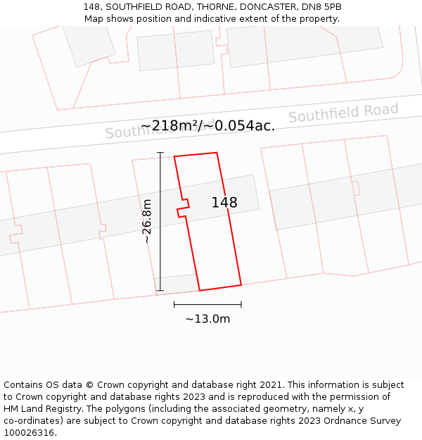 148, SOUTHFIELD ROAD, THORNE, DONCASTER, DN8 5PB: Plot and title map