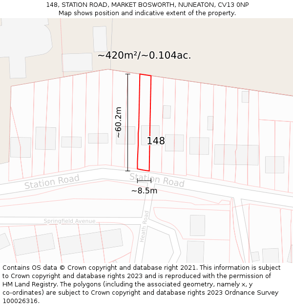 148, STATION ROAD, MARKET BOSWORTH, NUNEATON, CV13 0NP: Plot and title map