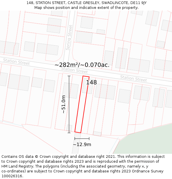 148, STATION STREET, CASTLE GRESLEY, SWADLINCOTE, DE11 9JY: Plot and title map