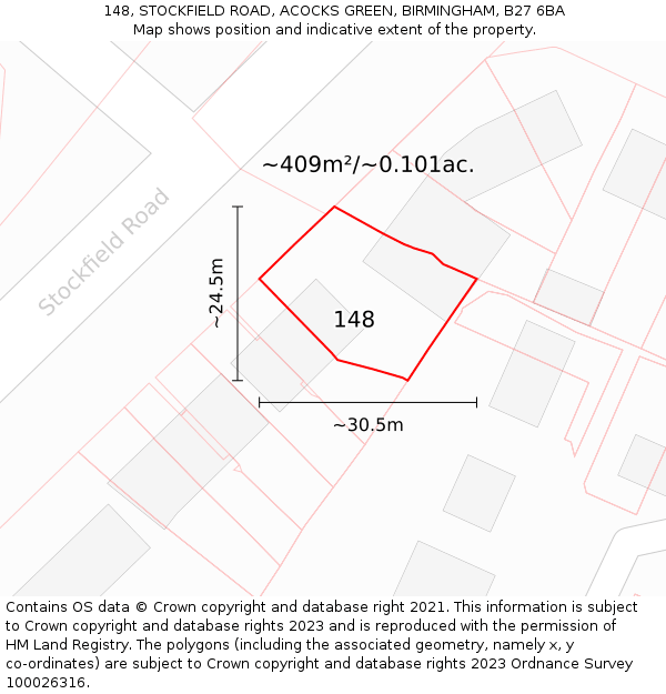 148, STOCKFIELD ROAD, ACOCKS GREEN, BIRMINGHAM, B27 6BA: Plot and title map