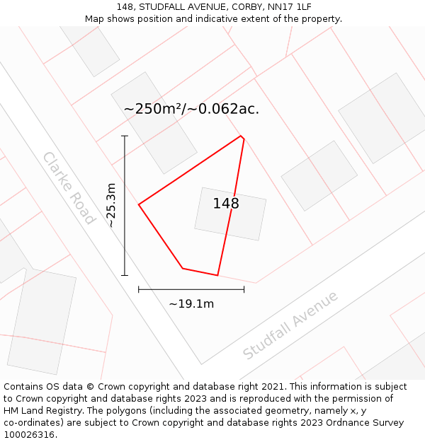 148, STUDFALL AVENUE, CORBY, NN17 1LF: Plot and title map