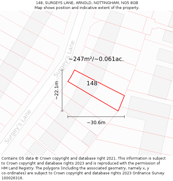 148, SURGEYS LANE, ARNOLD, NOTTINGHAM, NG5 8GB: Plot and title map