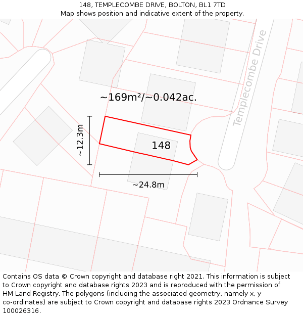 148, TEMPLECOMBE DRIVE, BOLTON, BL1 7TD: Plot and title map