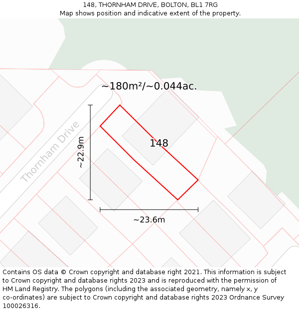 148, THORNHAM DRIVE, BOLTON, BL1 7RG: Plot and title map