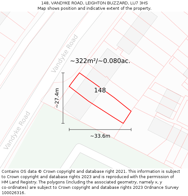 148, VANDYKE ROAD, LEIGHTON BUZZARD, LU7 3HS: Plot and title map