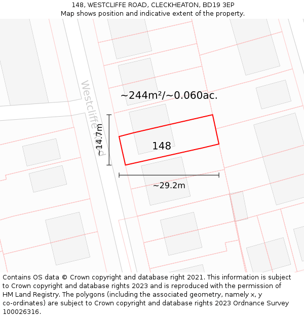 148, WESTCLIFFE ROAD, CLECKHEATON, BD19 3EP: Plot and title map