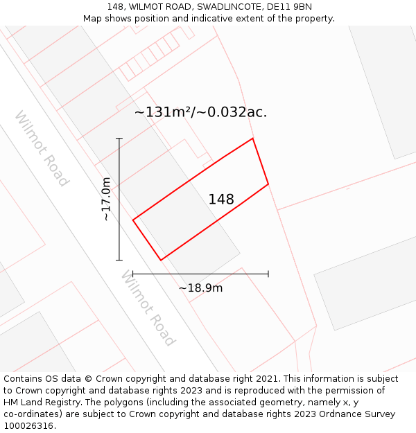 148, WILMOT ROAD, SWADLINCOTE, DE11 9BN: Plot and title map