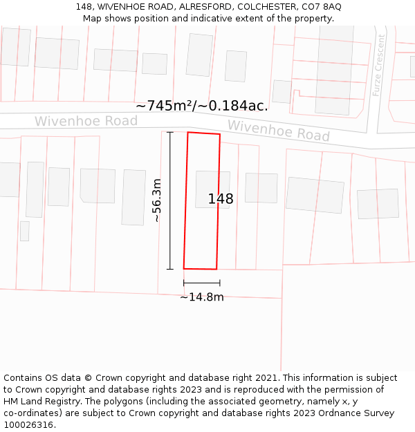 148, WIVENHOE ROAD, ALRESFORD, COLCHESTER, CO7 8AQ: Plot and title map