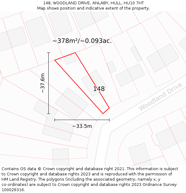 148, WOODLAND DRIVE, ANLABY, HULL, HU10 7HT: Plot and title map