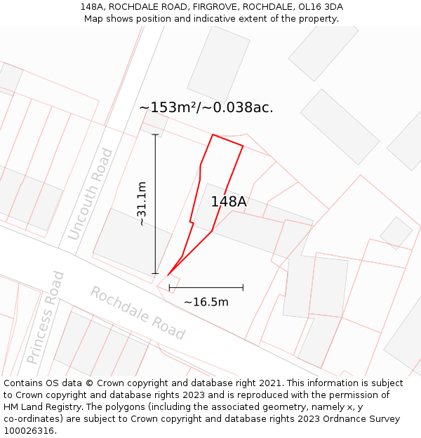 148A, ROCHDALE ROAD, FIRGROVE, ROCHDALE, OL16 3DA: Plot and title map