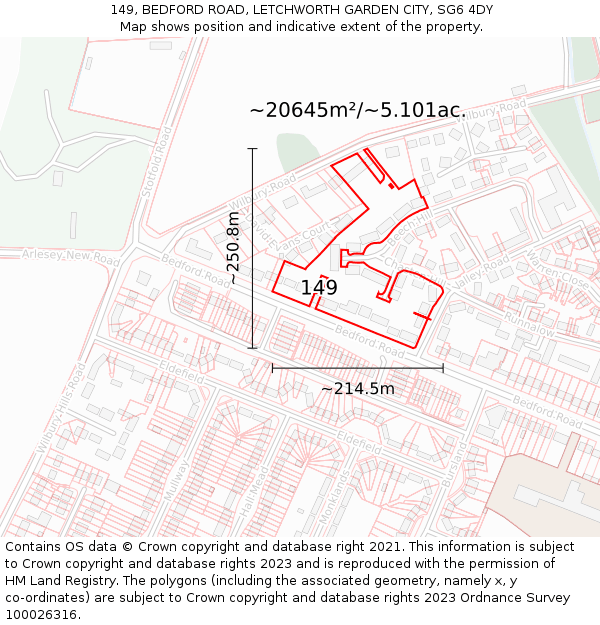 149, BEDFORD ROAD, LETCHWORTH GARDEN CITY, SG6 4DY: Plot and title map