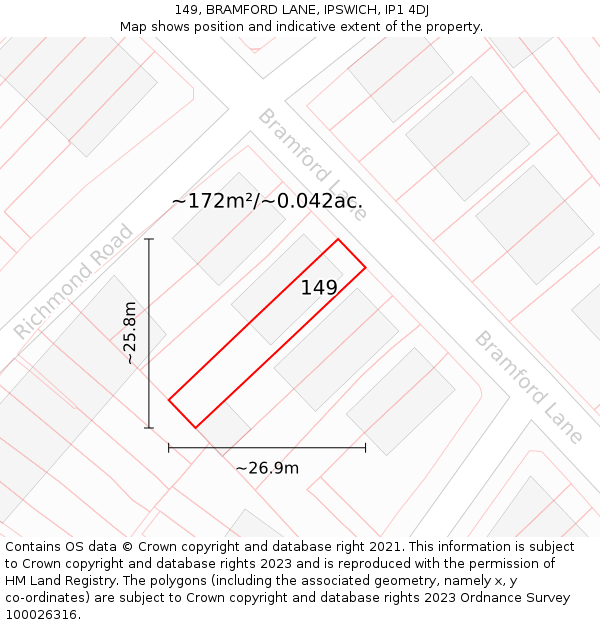 149, BRAMFORD LANE, IPSWICH, IP1 4DJ: Plot and title map