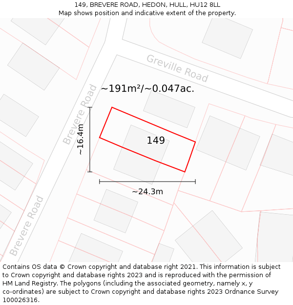 149, BREVERE ROAD, HEDON, HULL, HU12 8LL: Plot and title map