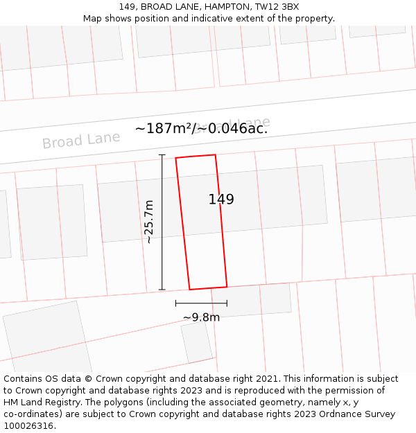 149, BROAD LANE, HAMPTON, TW12 3BX: Plot and title map