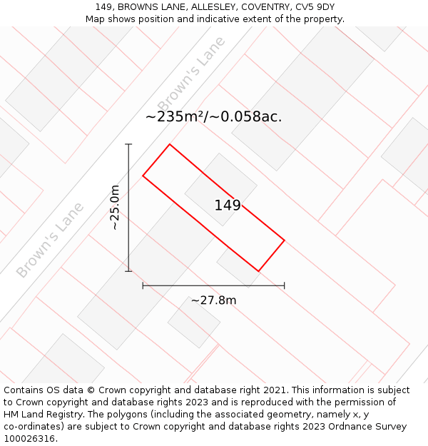 149, BROWNS LANE, ALLESLEY, COVENTRY, CV5 9DY: Plot and title map