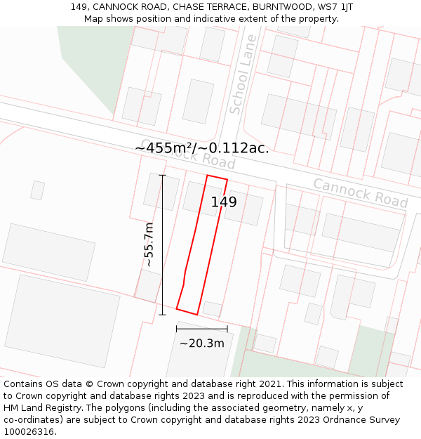 149, CANNOCK ROAD, CHASE TERRACE, BURNTWOOD, WS7 1JT: Plot and title map