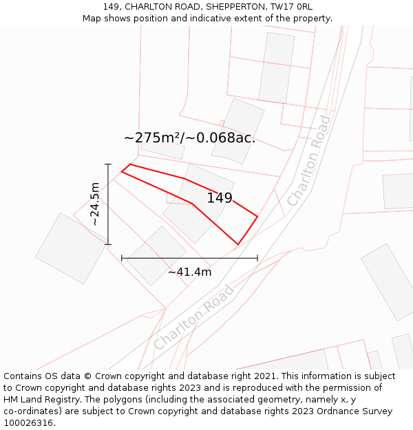 149, CHARLTON ROAD, SHEPPERTON, TW17 0RL: Plot and title map