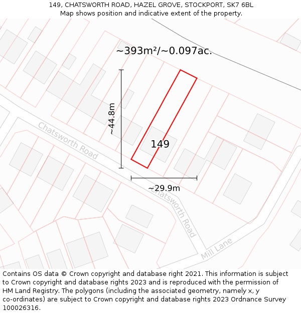 149, CHATSWORTH ROAD, HAZEL GROVE, STOCKPORT, SK7 6BL: Plot and title map