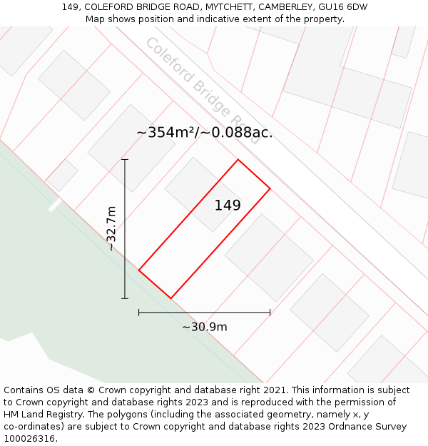 149, COLEFORD BRIDGE ROAD, MYTCHETT, CAMBERLEY, GU16 6DW: Plot and title map