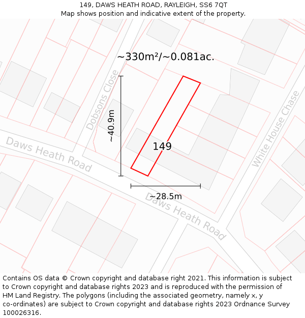 149, DAWS HEATH ROAD, RAYLEIGH, SS6 7QT: Plot and title map