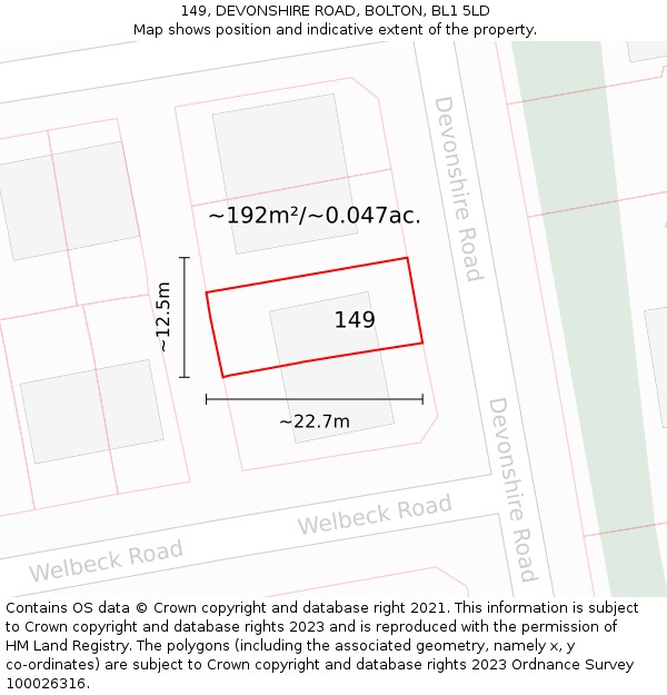 149, DEVONSHIRE ROAD, BOLTON, BL1 5LD: Plot and title map