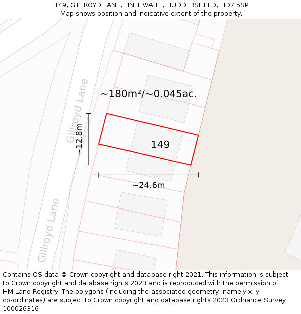 149, GILLROYD LANE, LINTHWAITE, HUDDERSFIELD, HD7 5SP: Plot and title map