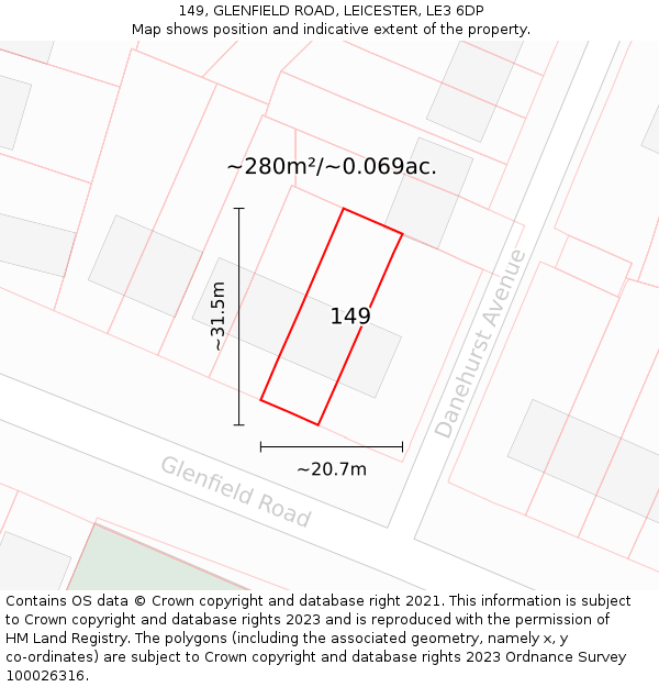 149, GLENFIELD ROAD, LEICESTER, LE3 6DP: Plot and title map