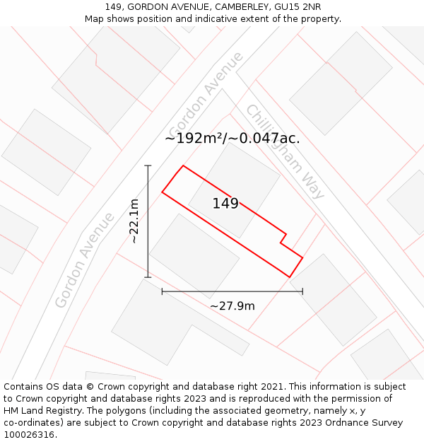 149, GORDON AVENUE, CAMBERLEY, GU15 2NR: Plot and title map