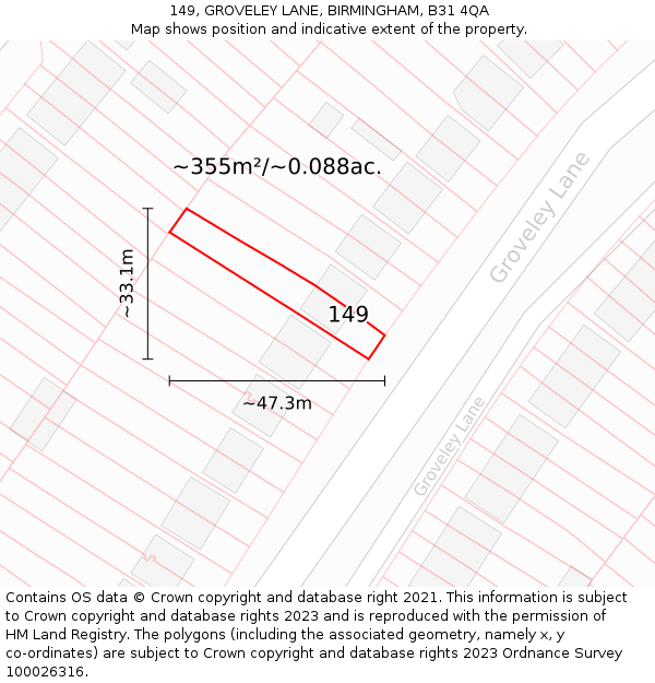 149, GROVELEY LANE, BIRMINGHAM, B31 4QA: Plot and title map