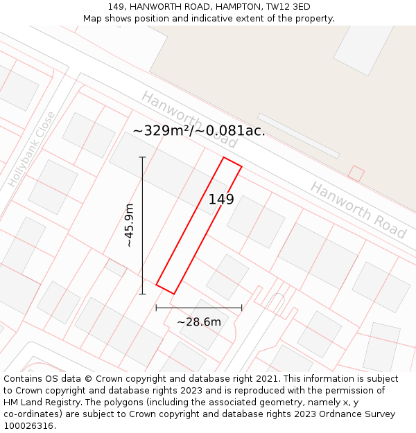 149, HANWORTH ROAD, HAMPTON, TW12 3ED: Plot and title map