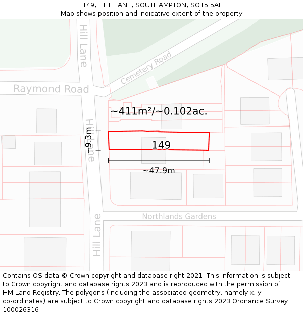 149, HILL LANE, SOUTHAMPTON, SO15 5AF: Plot and title map