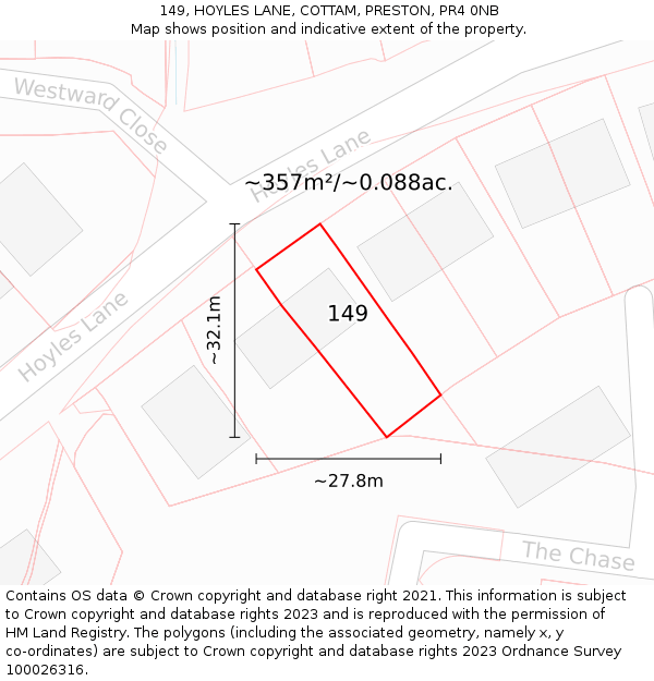 149, HOYLES LANE, COTTAM, PRESTON, PR4 0NB: Plot and title map