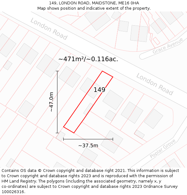 149, LONDON ROAD, MAIDSTONE, ME16 0HA: Plot and title map