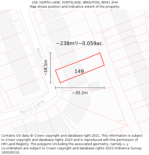 149, NORTH LANE, PORTSLADE, BRIGHTON, BN41 2HH: Plot and title map