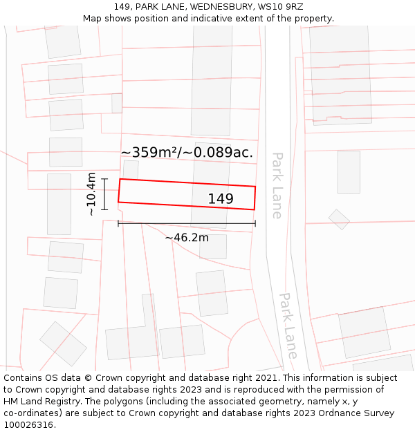 149, PARK LANE, WEDNESBURY, WS10 9RZ: Plot and title map