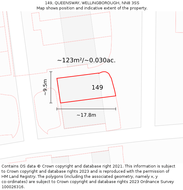 149, QUEENSWAY, WELLINGBOROUGH, NN8 3SS: Plot and title map